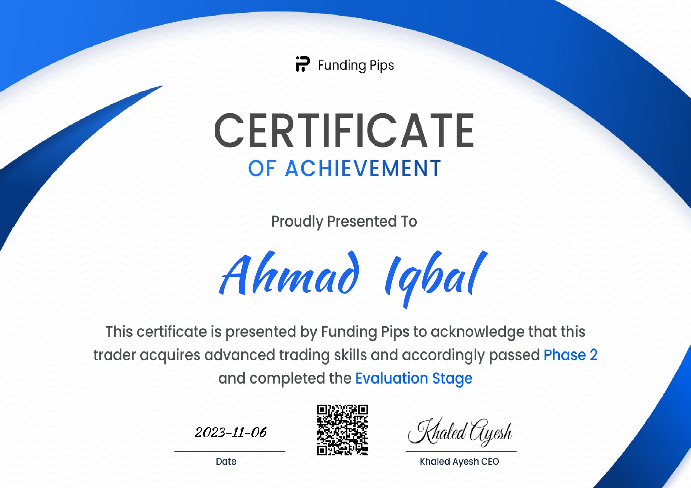 Funding Pips — Phase 2 + Evaluation Stage Certificate — Ahmad Iqbal