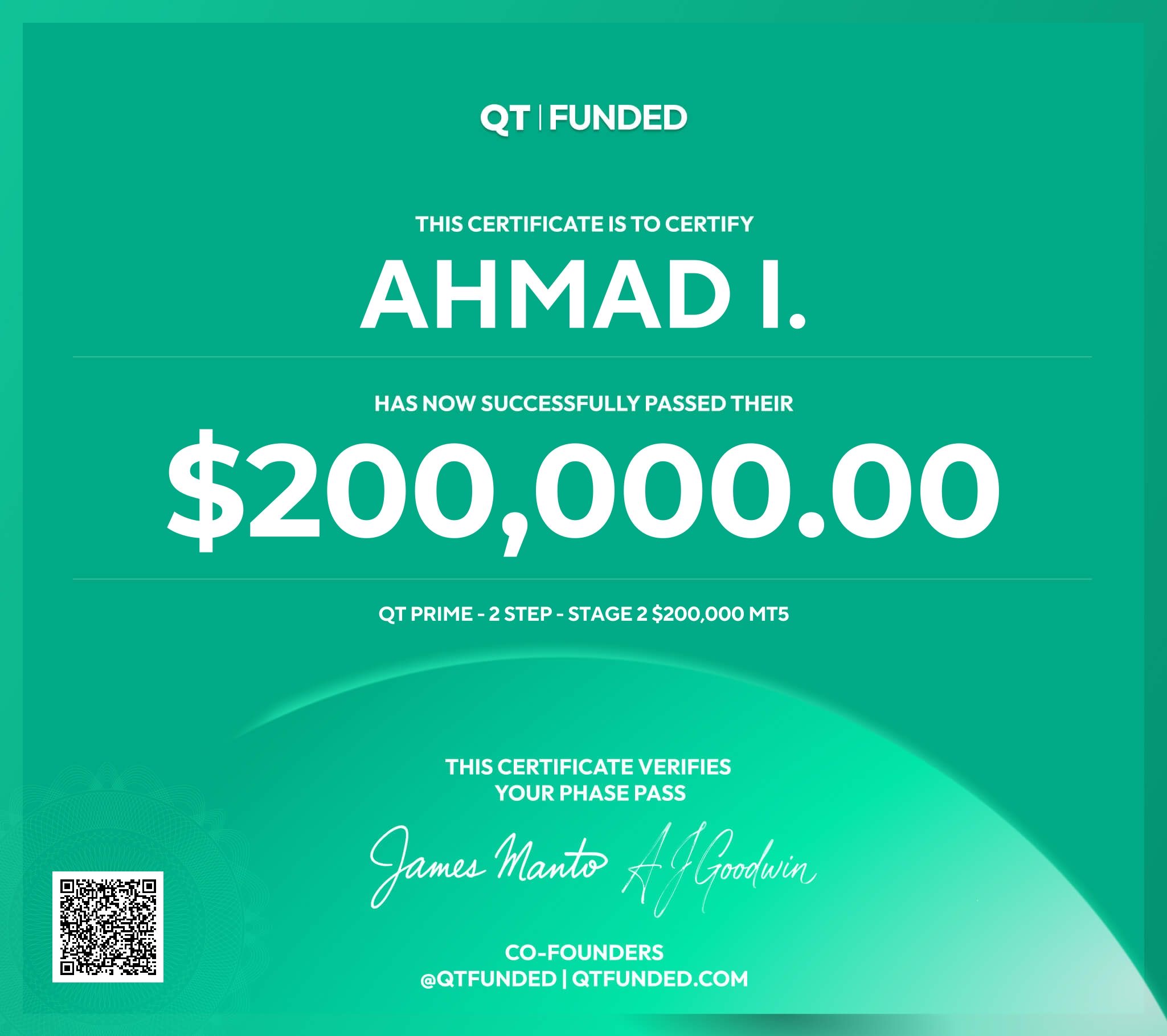 QT Funded — $200,000 Certificate of Achievement — Ahmad I.