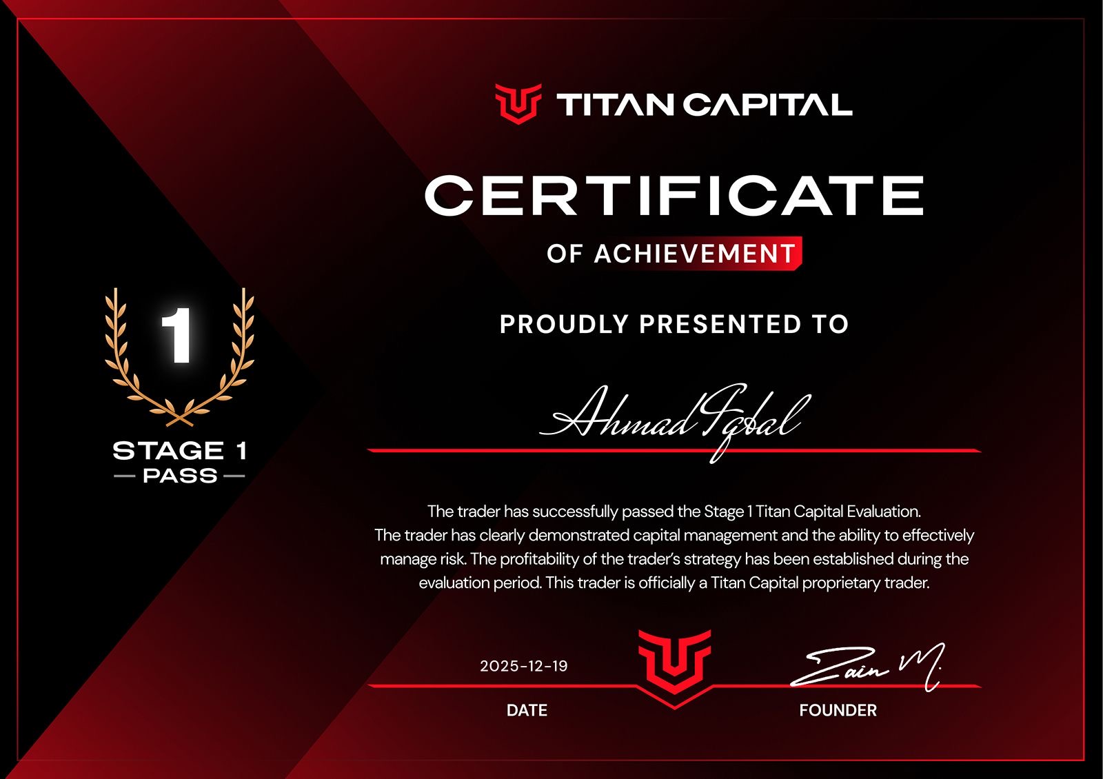 Titan Capital — Stage 1 Pass Certificate — Ahmad Iqbal